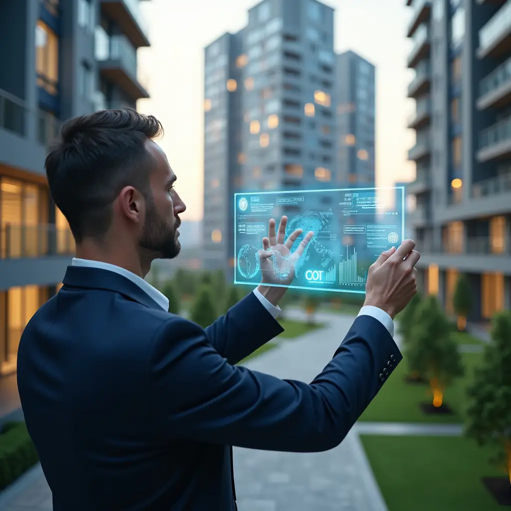 Ultra-realistic property manager in a navy suit, set in a modern luxury condominium environment with high-rise buildings and manicured green landscaping, confidently analyzing a holographic financial dashboard with real-time expense charts and alert icons floating before him, symbolizing precise cost control, cinematic lighting, shallow depth of field, highly detailed textures, realistic skin, photographic realism, 8k resolution --ar 1:1 --v 6