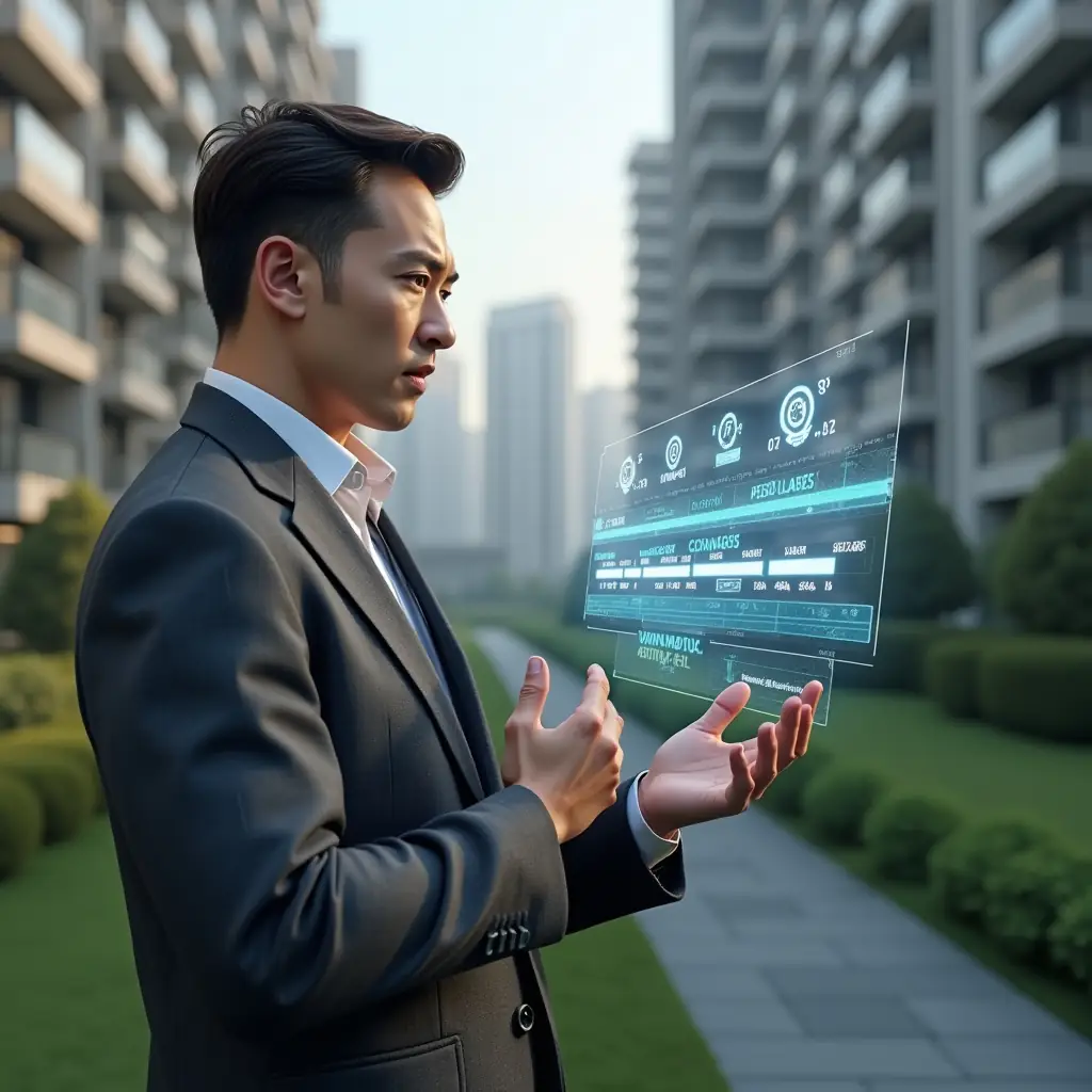 (Ultra-realistic condominium manager in a charcoal gray suit, set in a modern luxury condominium environment with high-rise buildings and manicured green landscaping, confidently reviewing a floating holographic activity schedule timeline, with calendar and gear icons orbiting the display, cinematic lighting, shallow depth of field, highly detailed textures, realistic skin, photographic realism, 8k resolution --ar 1:1 --v 6)