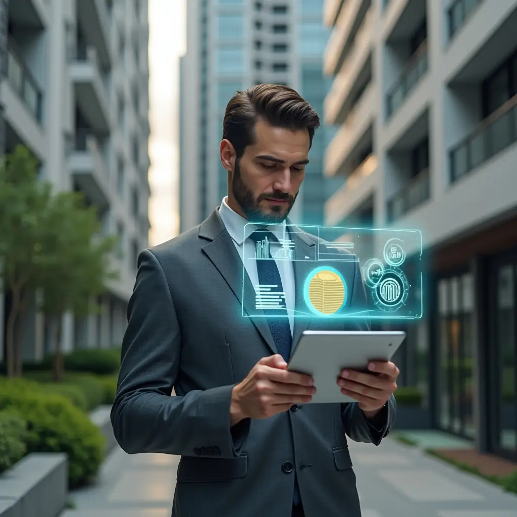 (Ultra-realistic professional condominium manager in a charcoal gray executive suit, set in a modern luxury condominium environment with high-rise buildings and manicured green landscaping, mid-shot holding a tablet displaying holographic financial charts and approval icons, thoughtful and confident expression as they analyze digital expense reports, floating pie-chart and coin holograms symbolizing streamlined cost allocation, cinematic lighting, shallow depth of field, highly detailed textures, realistic skin, photographic realism, 8k resolution --ar 1:1 --v 6)