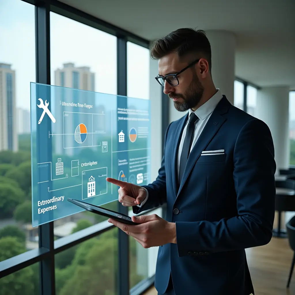 Ultra-realistic condominium manager in a tailored dark blue suit, set in a modern luxury condominium environment with high-rise buildings and lush green landscaping visible through large windows, analyzing a floating holographic split-screen displaying pie charts labeled “Ordinary vs Extraordinary Expenses,” holding a tablet and pointing thoughtfully at icons of a wrench and a building, cinematic lighting, shallow depth of field, highly detailed textures, realistic skin, photographic realism, 8k resolution --ar 1:1 --v 6