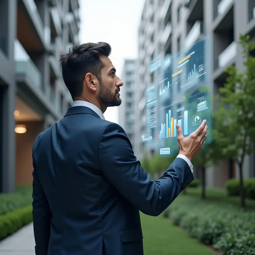 Ultra-realistic condominium manager in a tailored dark blue suit, set in a modern luxury condominium environment with high-rise buildings and manicured green landscaping, standing in a medium shot as they interact with floating holographic financial charts and graphs representing key performance indicators, expression focused and confident, cinematic lighting, shallow depth of field, highly detailed textures, realistic skin, photographic realism, 8k resolution --ar 1:1 --v 6