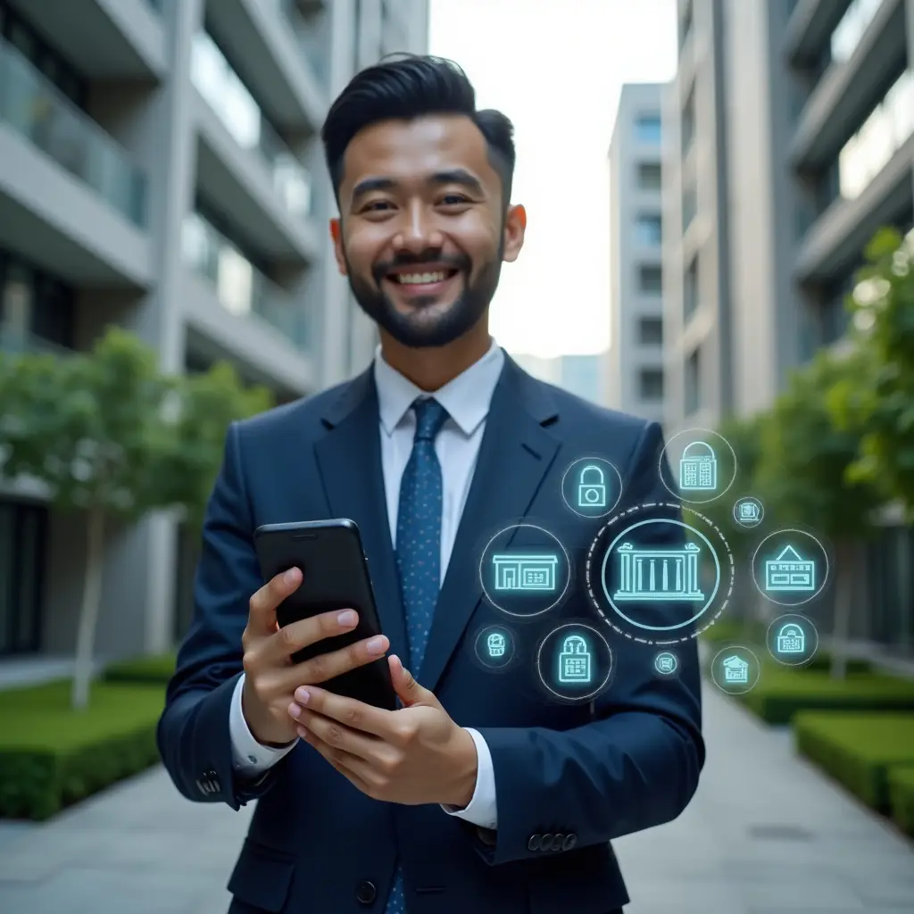 (Ultra-realistic condominium property manager in a navy executive suit, set in a modern luxury condominium environment with high-rise buildings and lush green landscaping, holding a smartphone with floating holographic icons for room reservations, instant messages, security locks and financial graphs, confident and approachable expression, cinematic lighting, shallow depth of field, highly detailed textures, realistic skin, photographic realism, 8k resolution --ar 1:1 --v 6)