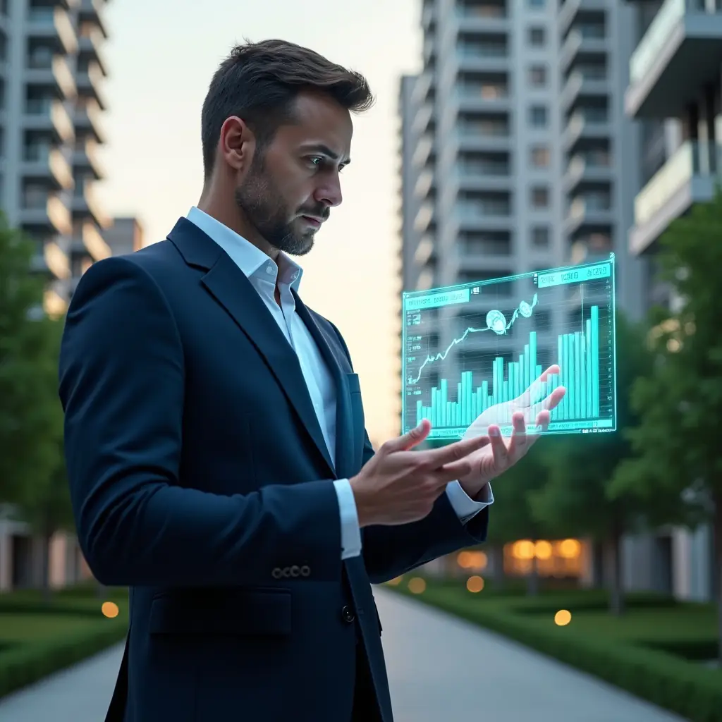 Ultra-realistic condominium manager in a navy suit, set in a modern luxury condominium environment with high-rise buildings and manicured green landscaping, standing in a mid-shot reviewing a glowing holographic financial dashboard displaying cash flow graphs and icons of coins and charts, confident and focused expression, cinematic lighting, shallow depth of field, highly detailed textures, realistic skin, photographic realism, 8k resolution --ar 1:1 --v 6